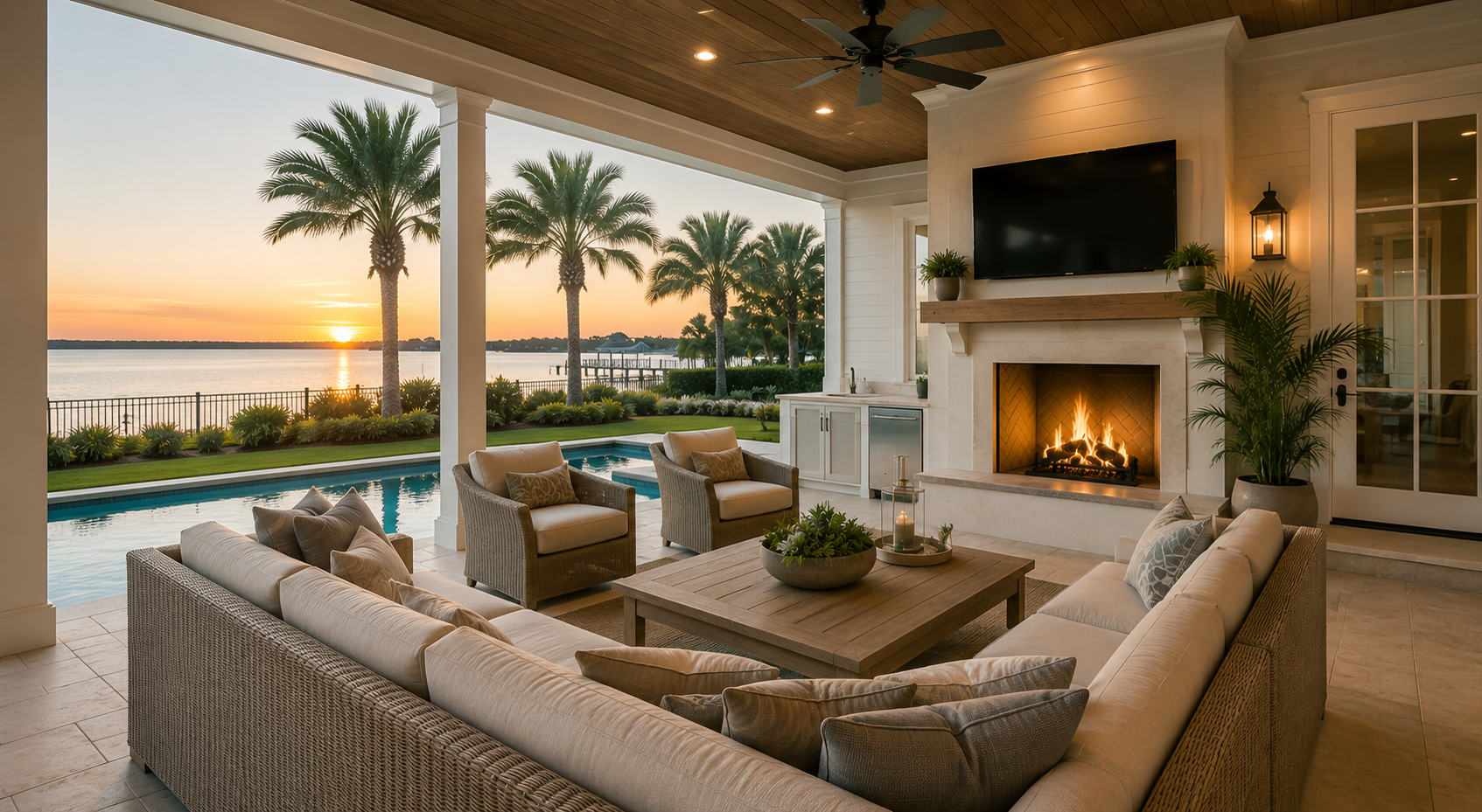 Outdoor living space with a fireplace, television, and seating area overlooking a pool and a water view with palm trees at sunset.