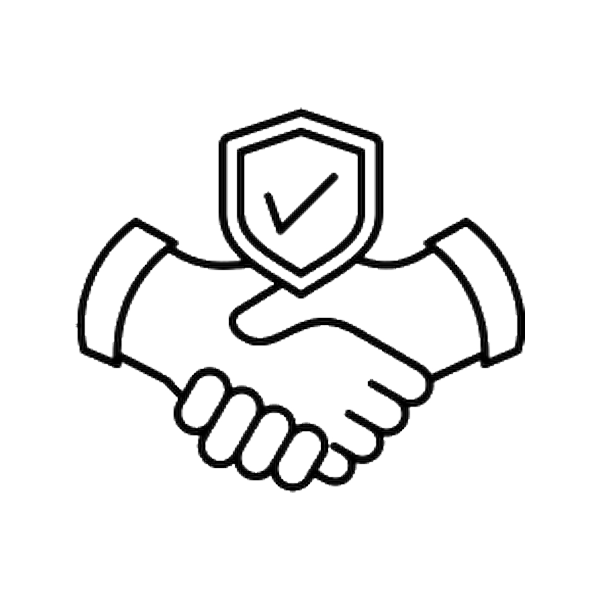 Line drawing of two hands shaking with a shield and checkmark above them, representing trust or security.