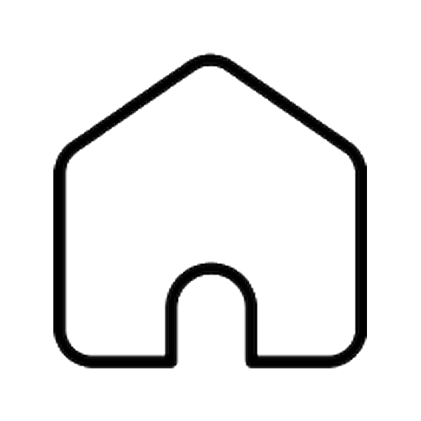 Outline drawing of a simple house with a gabled roof and a rounded door opening.