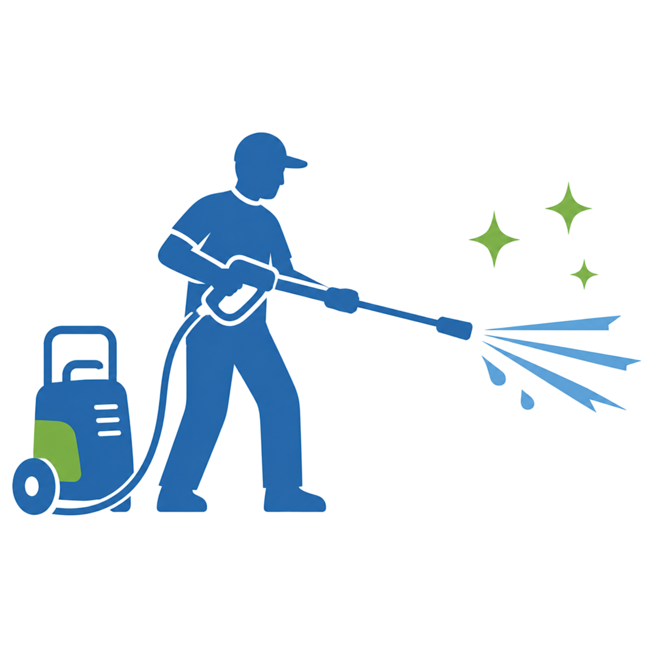 Silhouette of a person wearing a cap holding a pressure washer, cleaning an exterior surface, with green sparkles around.