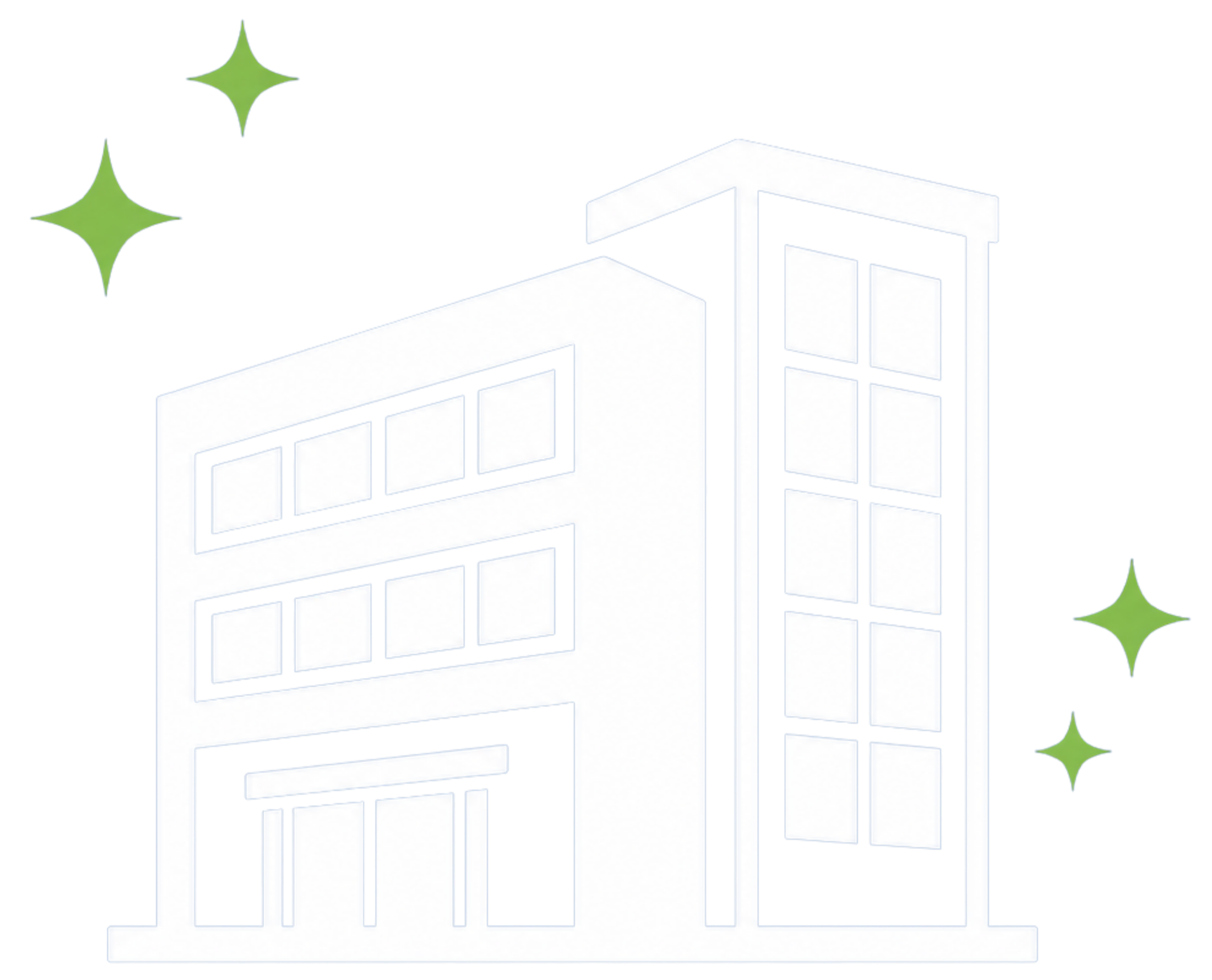 Outline illustration of a modern building with large windows, viewed from below at an angle, with a few green star-shaped accents surrounding it.