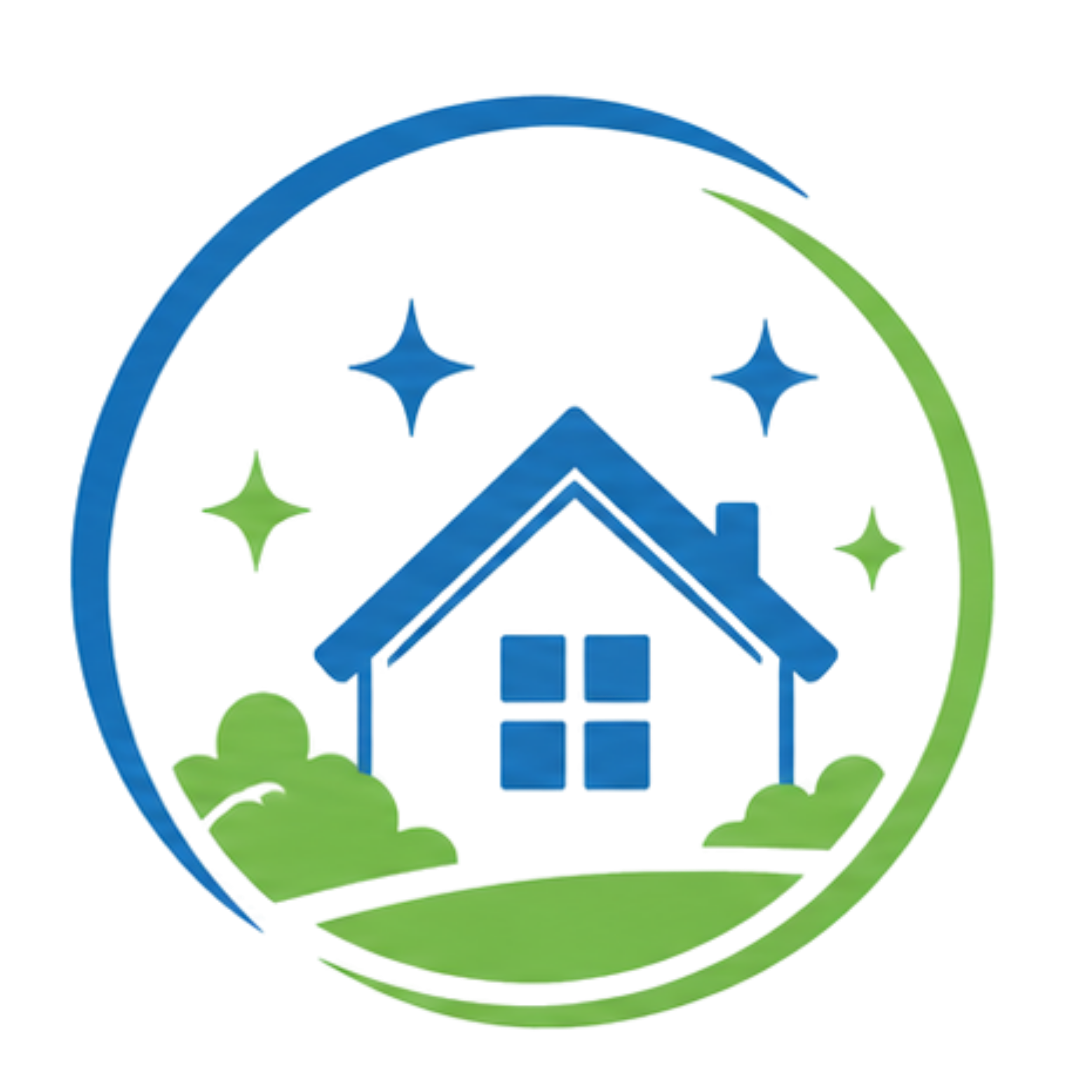 Logo with a blue and green circular design featuring a house and stars.
