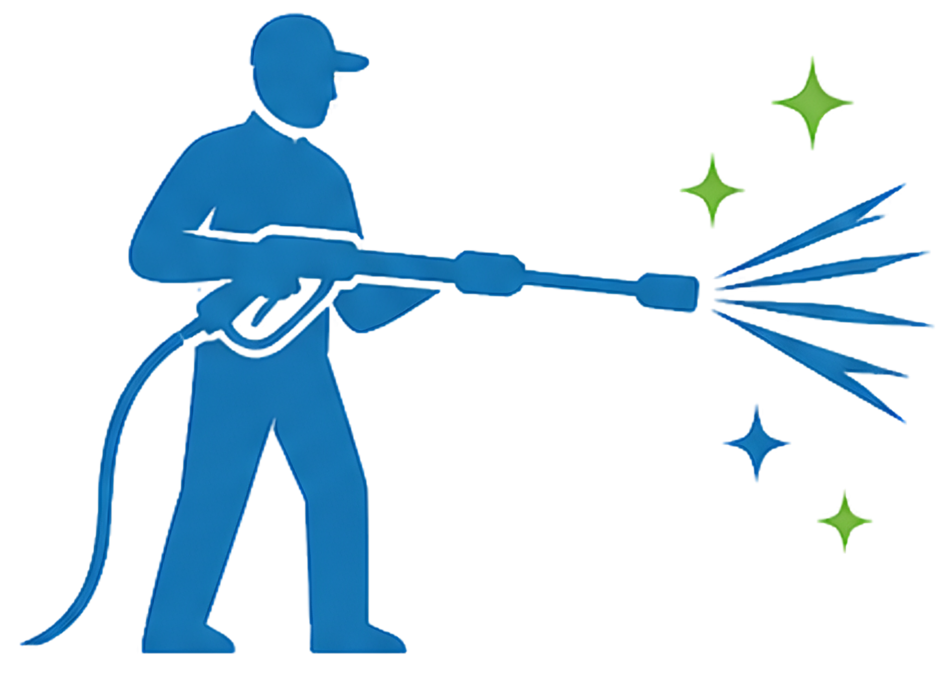 Silhouette of a person in blue with a hat, holding a spray gun, spraying a wide arc of paint. Various colorful star-shaped splashes are around.