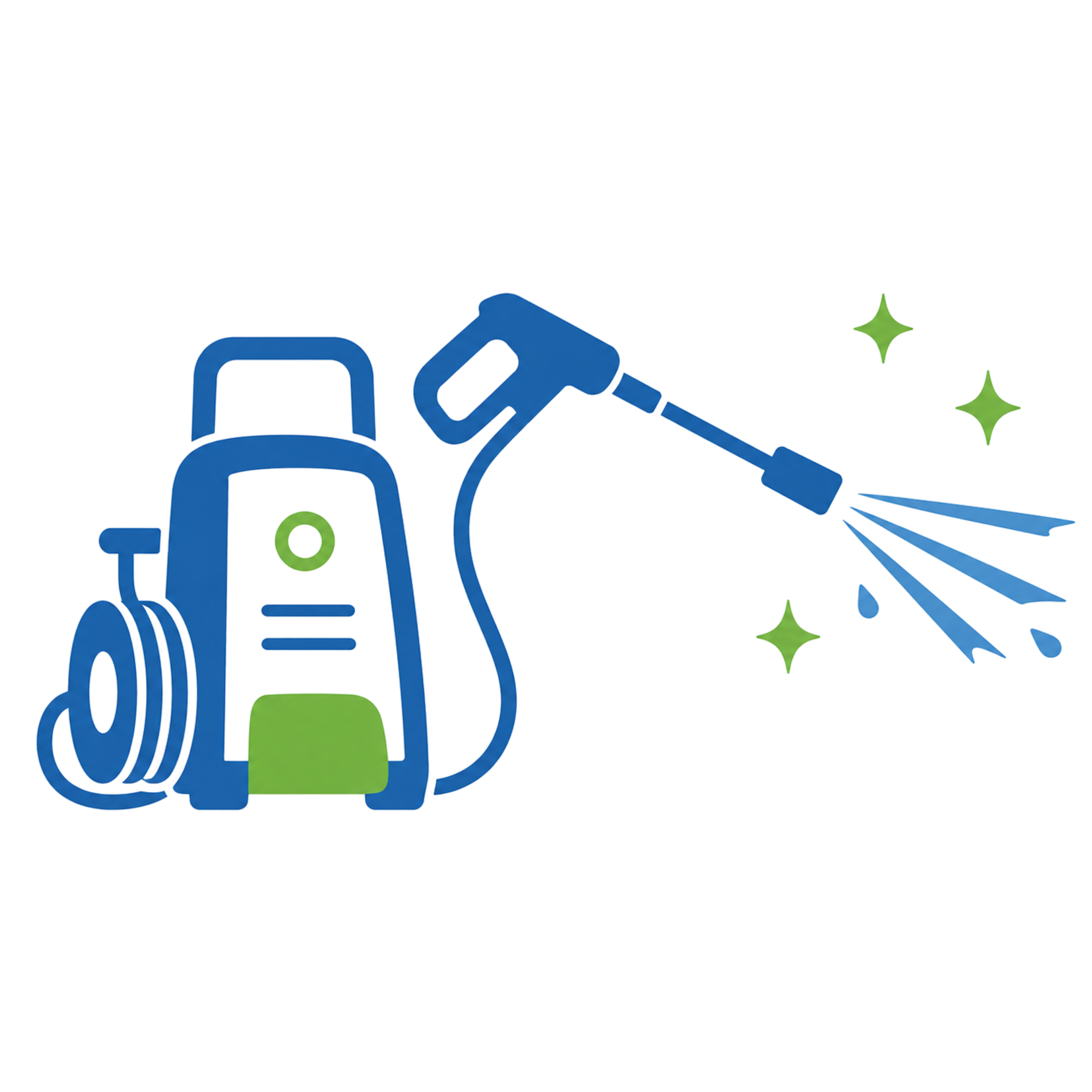 Illustration of a blue pressure washing machine that is spraying water with green sparkles meant to represents the surface being clean.