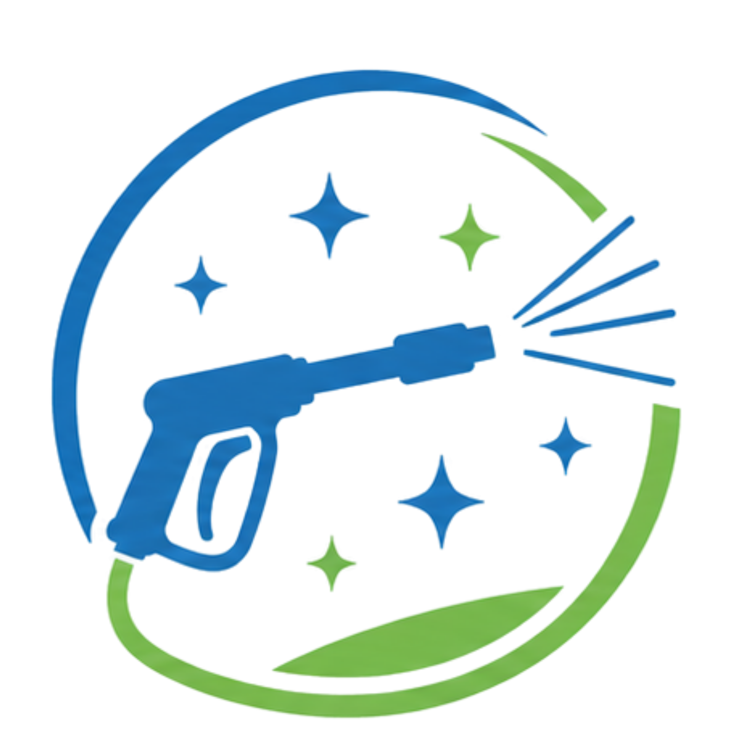 A stylized logo with a green outline of a globe and blue stars around it.