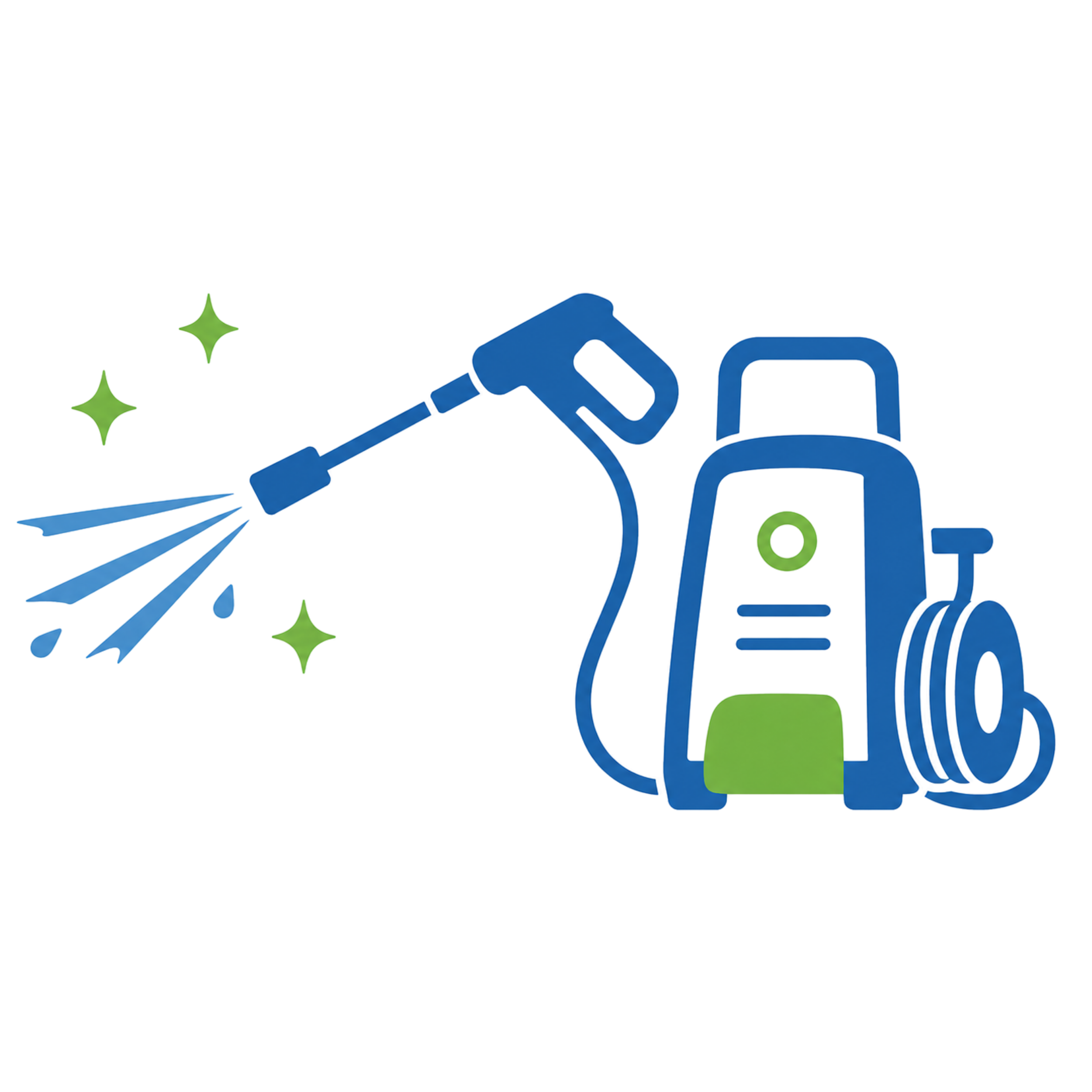 Illustrated Pressure washing machine that is black and green star accents.