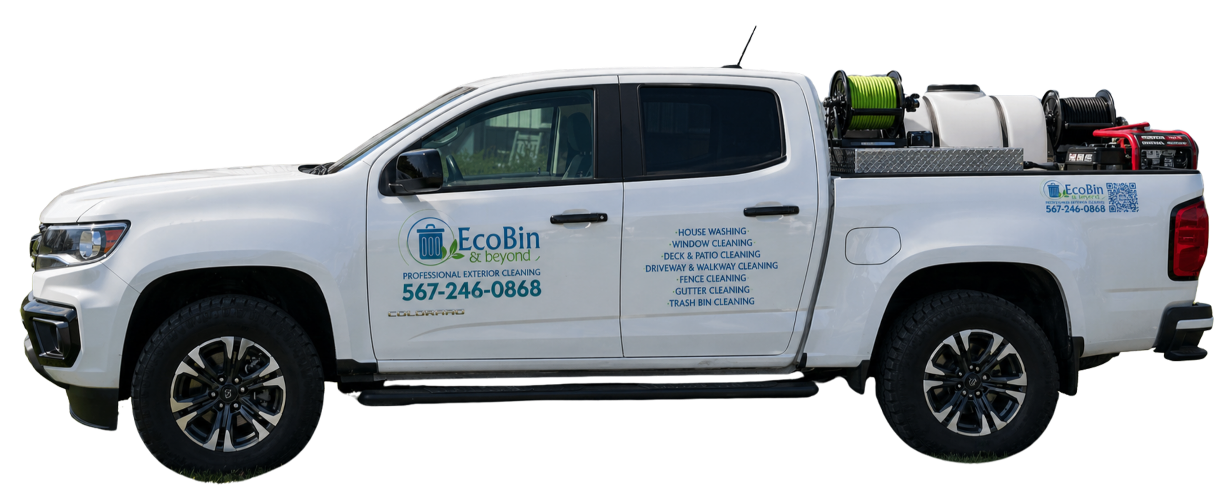 White pickup truck with EcoBin cleaning service branding, equipped with water tanks and cleaning equipment in the truck bed.