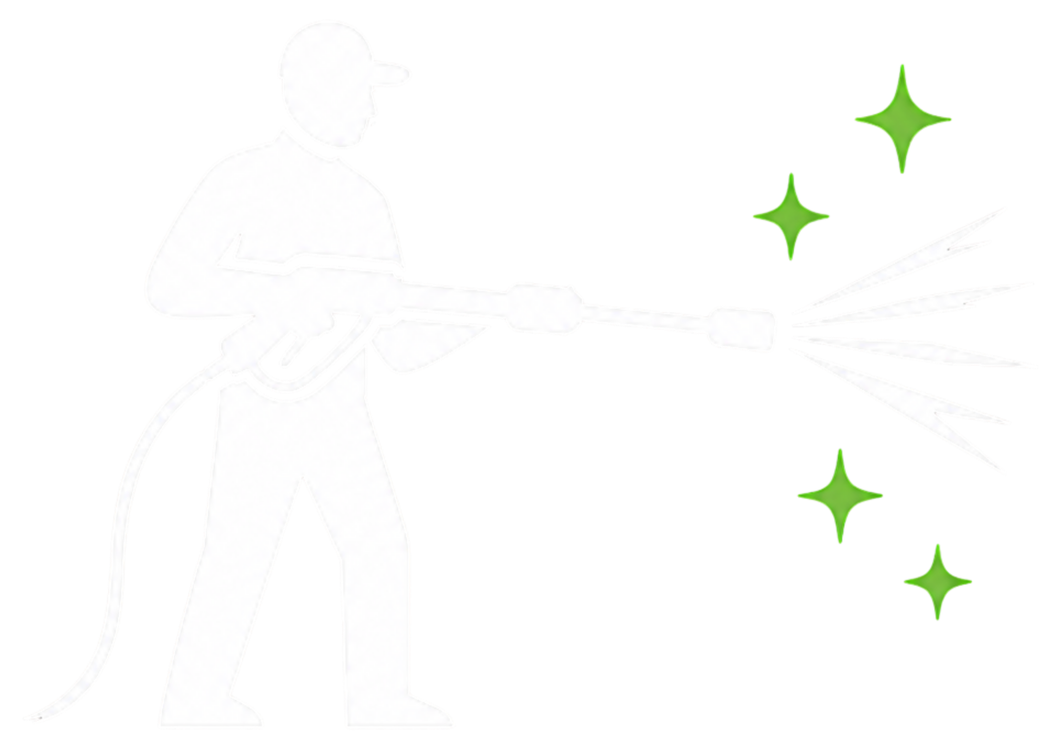 An outline illustration of a person wearing a baseball cap, holding a pressure washer. There is green sparkles to represent cleaning.