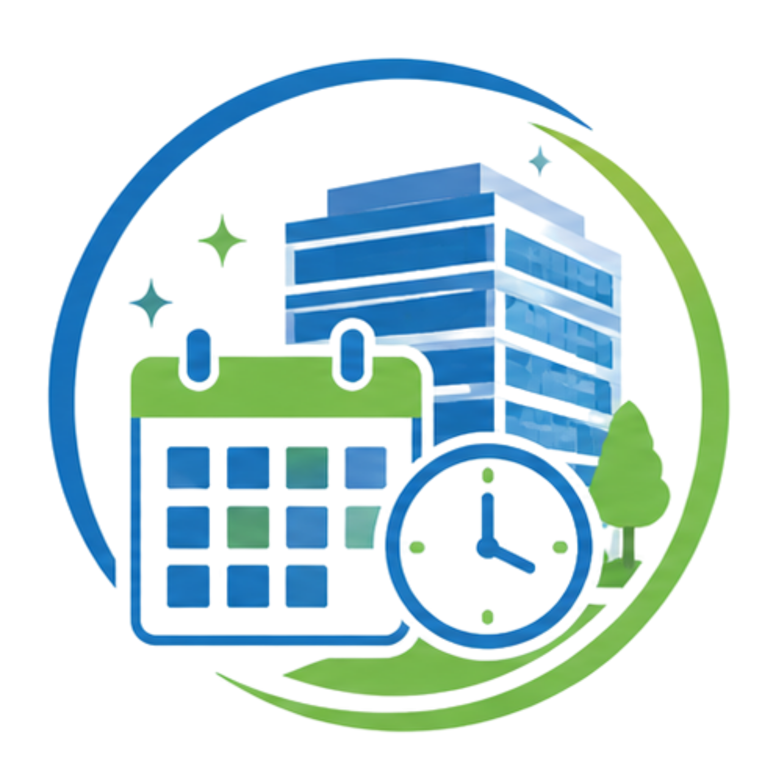 A digital illustration of a commercial building , surrounded by a neon blue, green, and yellow circular frame with star-shaped accents.