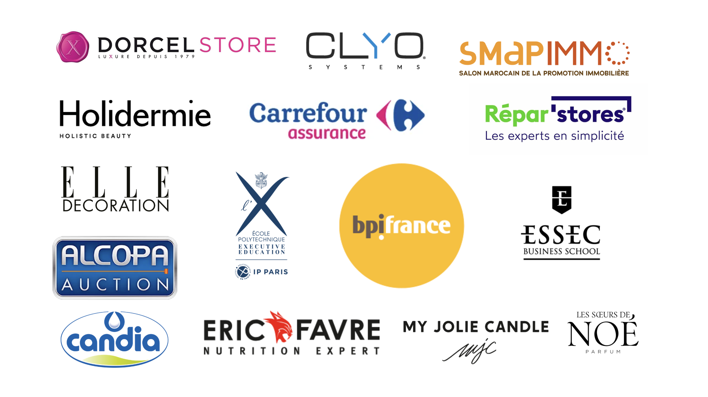 Collection of various company and brand logos, including DORCEL STORE, CYO SYSTEMS, MAP IMM, Holidermie, Carrefour assurance, Répar'stores, ELLE Decoration, L'École Polytechnique, BP France, ESSEC Business School, ALCOFA Auction, IP Paris, goodie, ERIC FAVRE Nutrition Expert, MY JOLIE CANDLE, NOÉ perfume, CANDIA, and others.