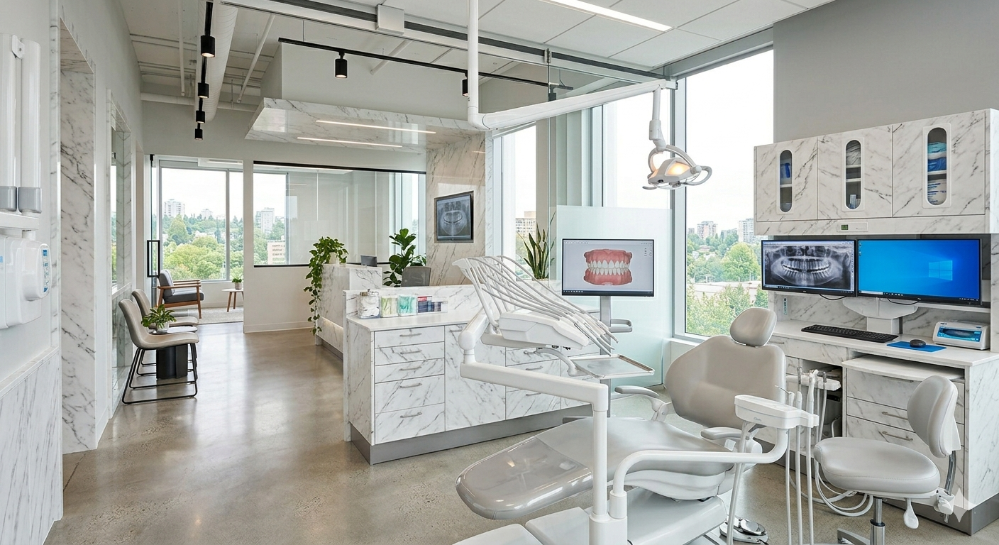 A modern dental clinic with white marble countertops and dental chair, large windows providing city views, monitors displaying dental images, and a clean, bright ambiance.