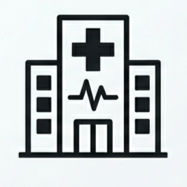 Line drawing of a hospital building with a cross and heartbeat symbol