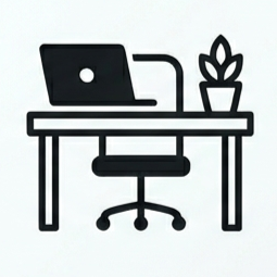 Line drawing of a desk with a laptop, a chair, and a potted plant.