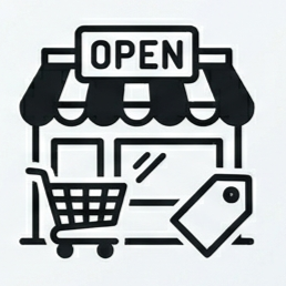Sign with the word 'OPEN' above a storefront awning, a shopping cart, and a price tag