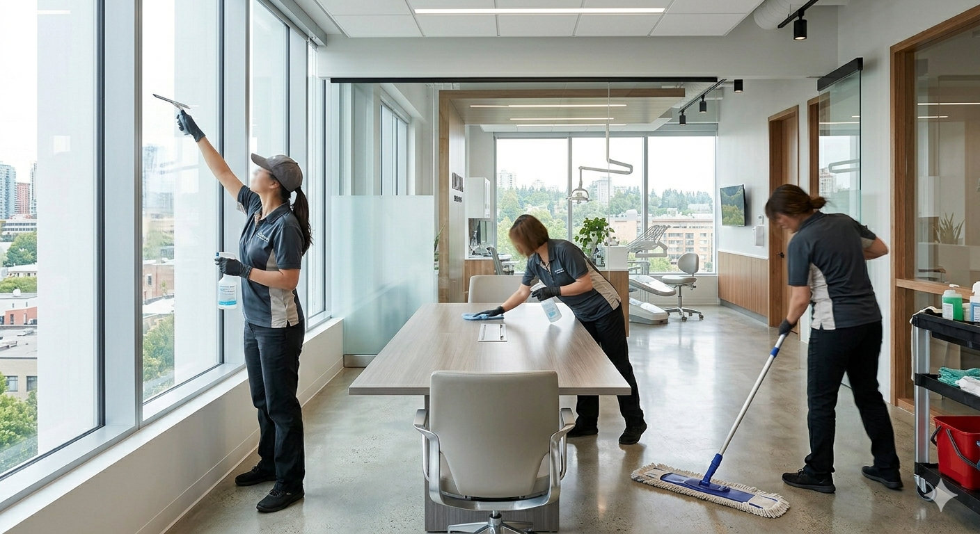 Three women in cleaning uniforms wiping windows and mopping the floor in a bright office room with large windows and a conference table.