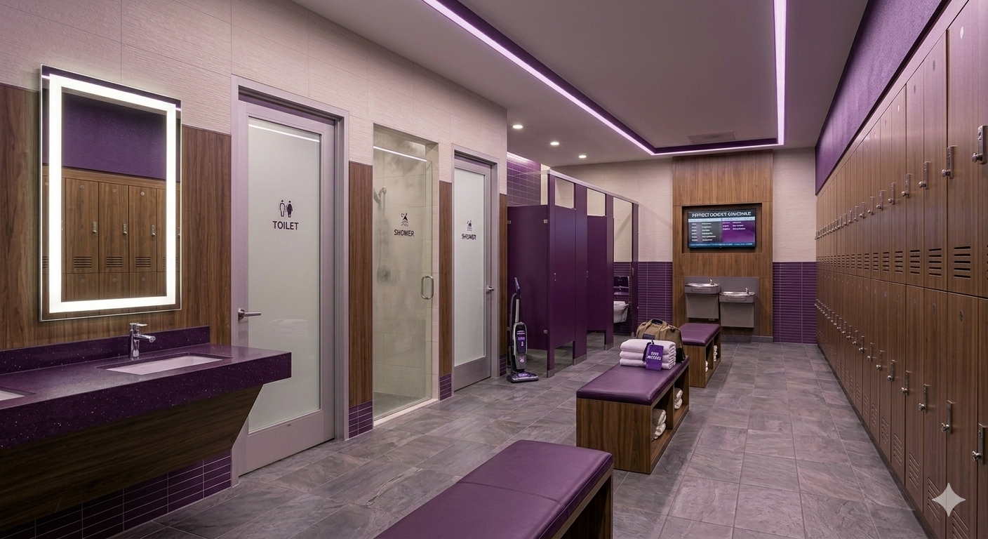 Locker room area with purple benches, lockers, and changing stalls, two sinks, a wall-mounted TV, and a soap dispenser, illuminated by purple lighting.