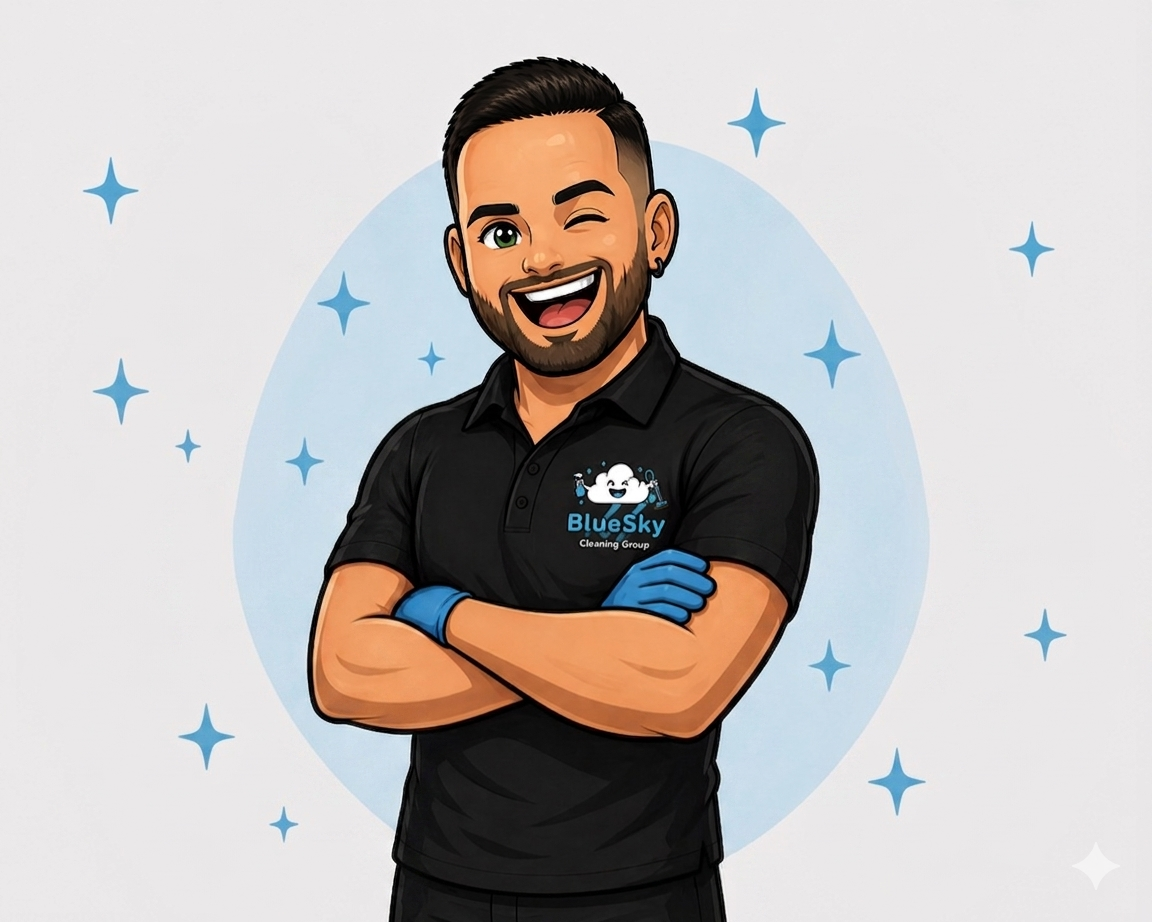 Cartoon illustration of a smiling man with dark hair and beard, winking and crossing arms, wearing a black shirt with a BlueSky Cleaning Group logo, and blue gloves, standing with a background of stars.