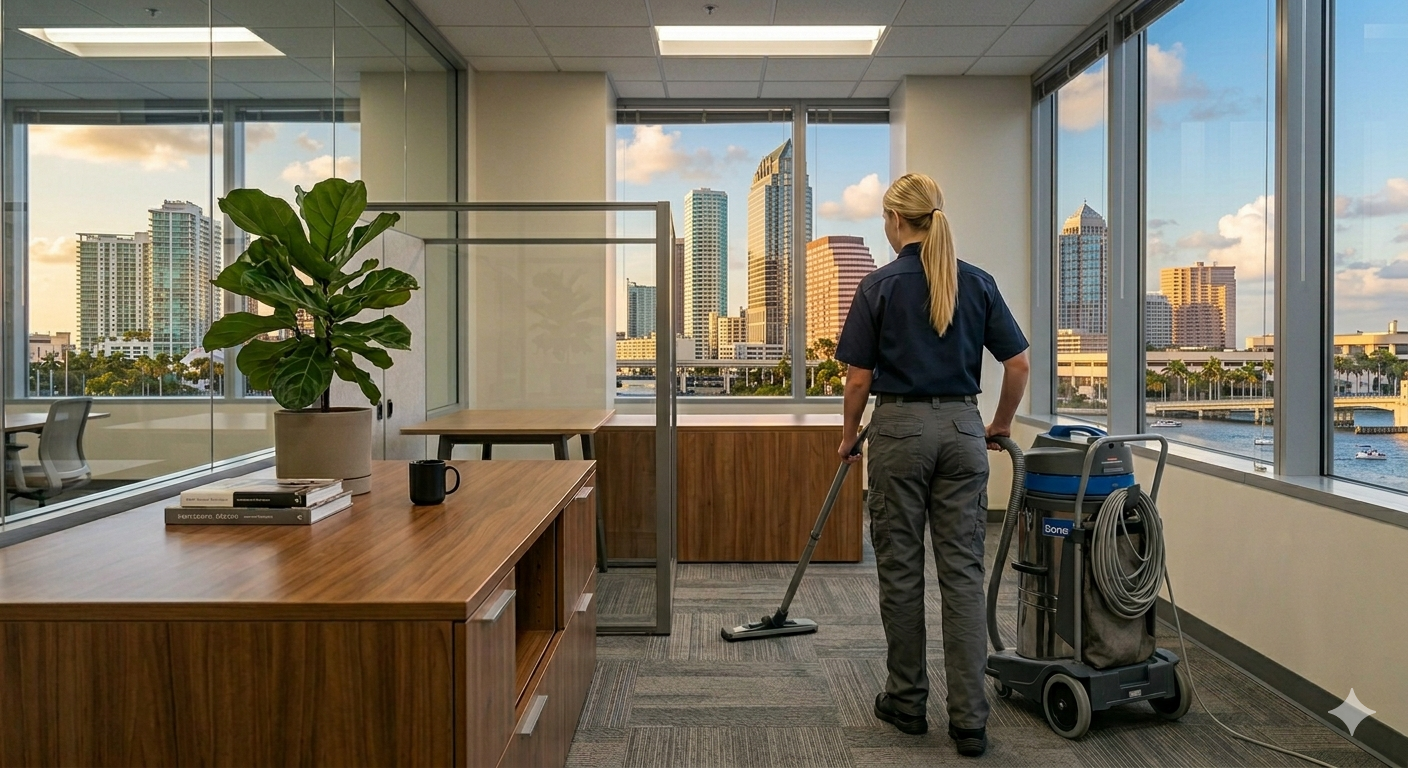 A woman cleaning an office with a vacuum cleaner, overlooking a city skyline through large windows during the daytime.