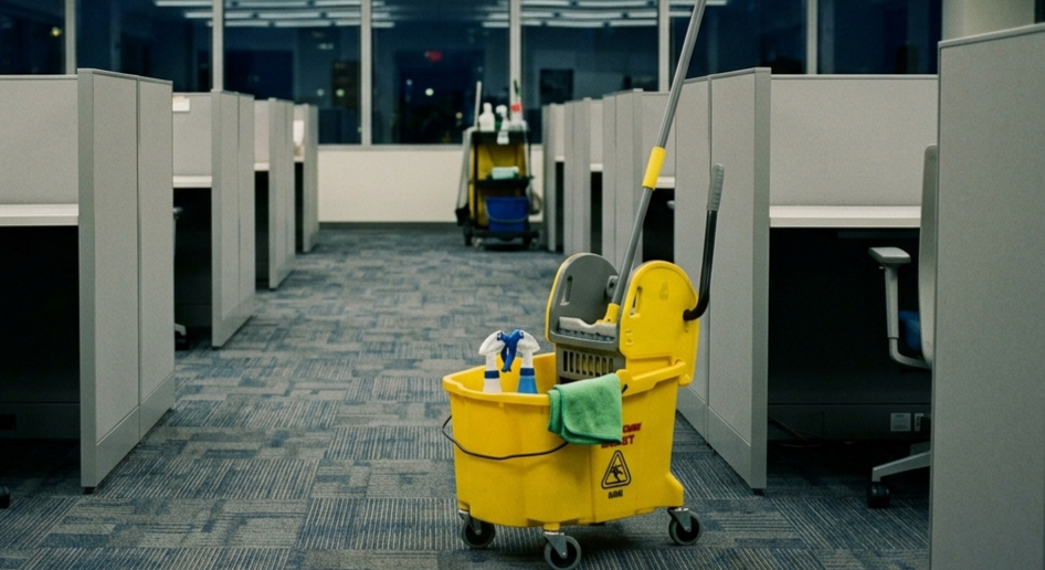 Empty retail store with cleaning cart in the middle, surrounded by display counters and a windowed wall.