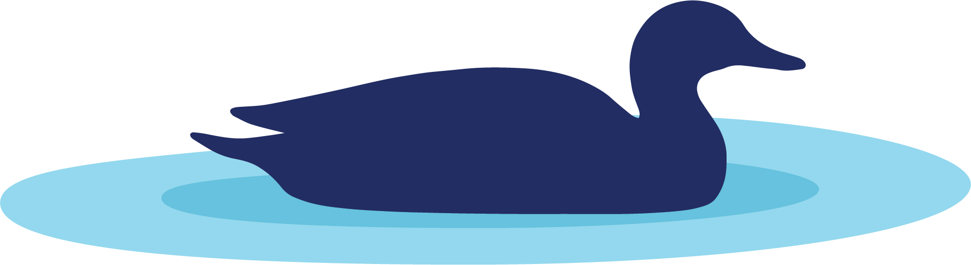 A navy blue silhouette of a duck floating on a body of water with a darker blue circular shadow underneath.