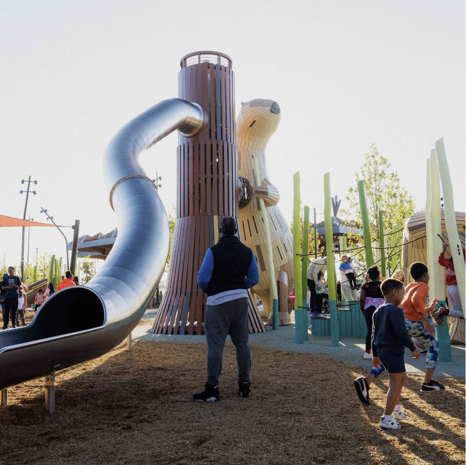 Children playing on a colorful playground with a large wooden and metal slide structure designed to look like an otter, in a park with trees and sunlight.