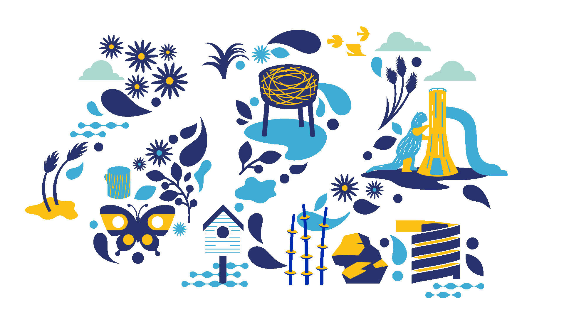 A colorful illustration with a blue background featuring various outdoor elements, including flowers, a butterfly, a birdhouse, a birdbath, a butterfly, a watering can, and other garden-related items.