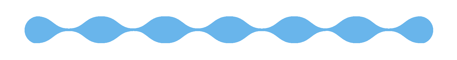 Multiple blue water droplets connected in a horizontal line.