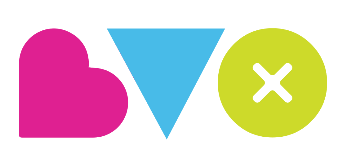 Abstract colorful shape with pink, blue, and yellow-green sections.