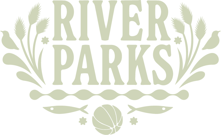 Logo with the text "RIVER PARKS" surrounded by stylized plants, flowers, a basketball, and fish, all in a vintage design.