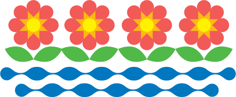 Four red and pink flowers with yellow centers, green leaves, and blue wavy lines underneath.