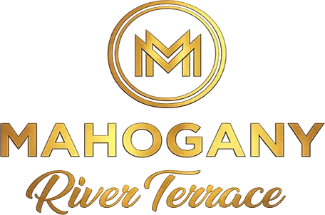 Logo for Mahogany River Terrace featuring a circular emblem with stylized overlapping 'M' shapes.