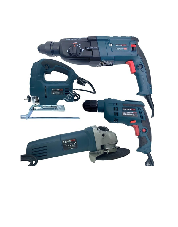 Set of Bosch power tools including a cordless drill, jigsaw, angle grinder, and hammer drill.