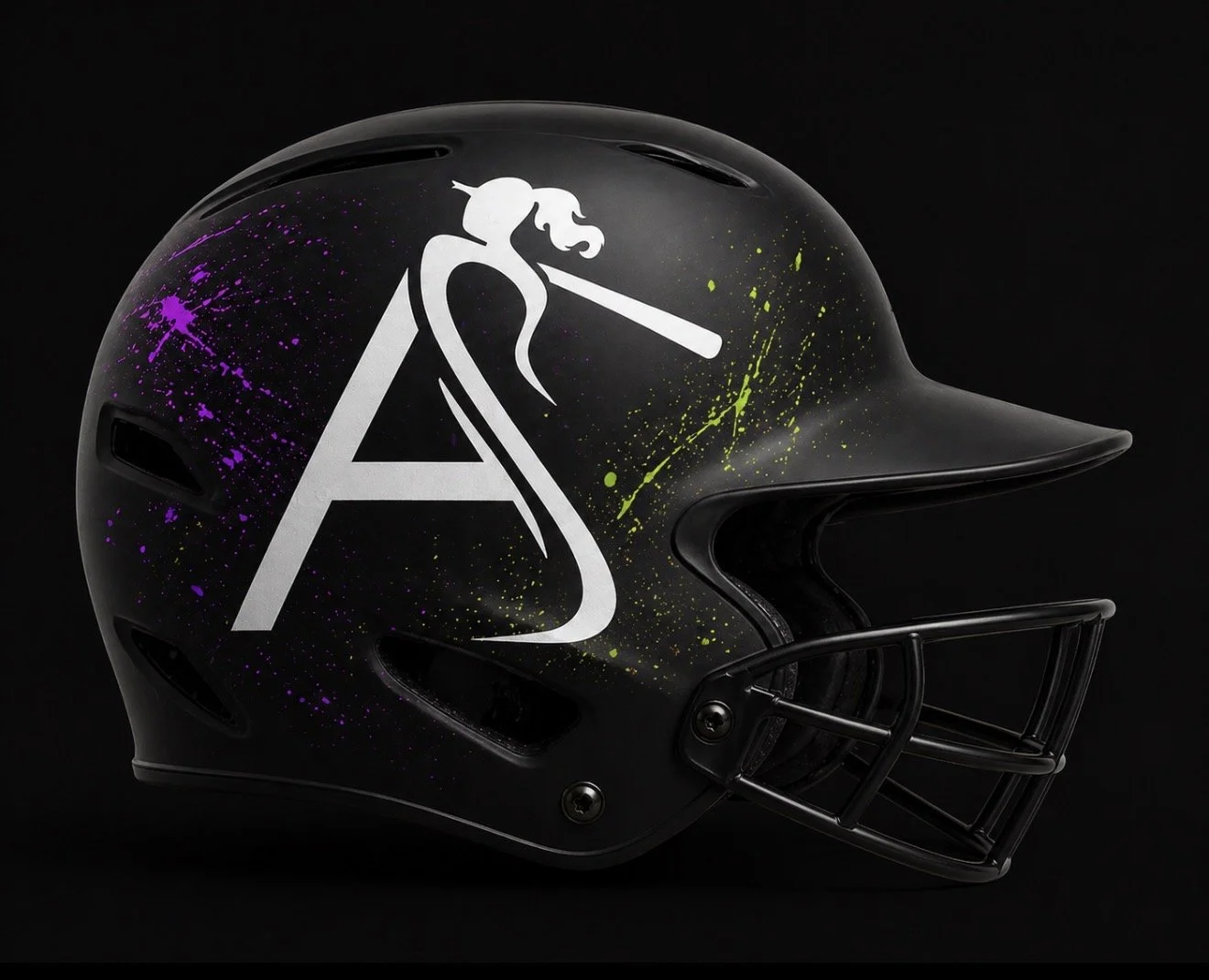 Black football helmet with a white stylized letter 'A' and a unicorn logo, splattered with purple and green paint, set against a dark background.