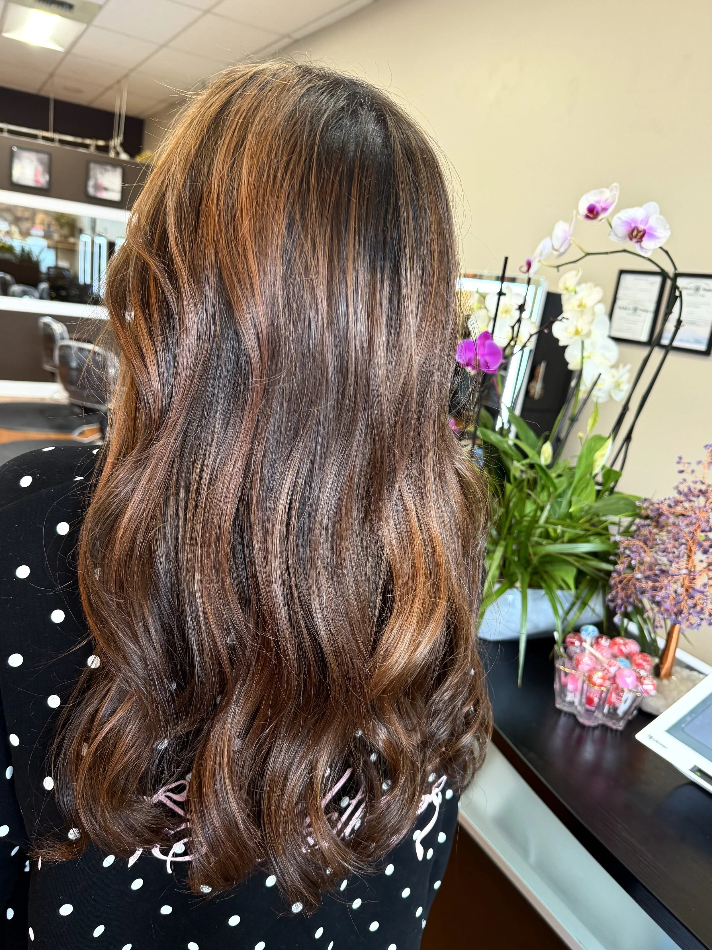 Back view of a woman with long, wavy, brown hair with lighter highlights, wearing a black top with white polka dots, sitting at a salon or flower shop with a background of orchids and framed certificates on the wall.