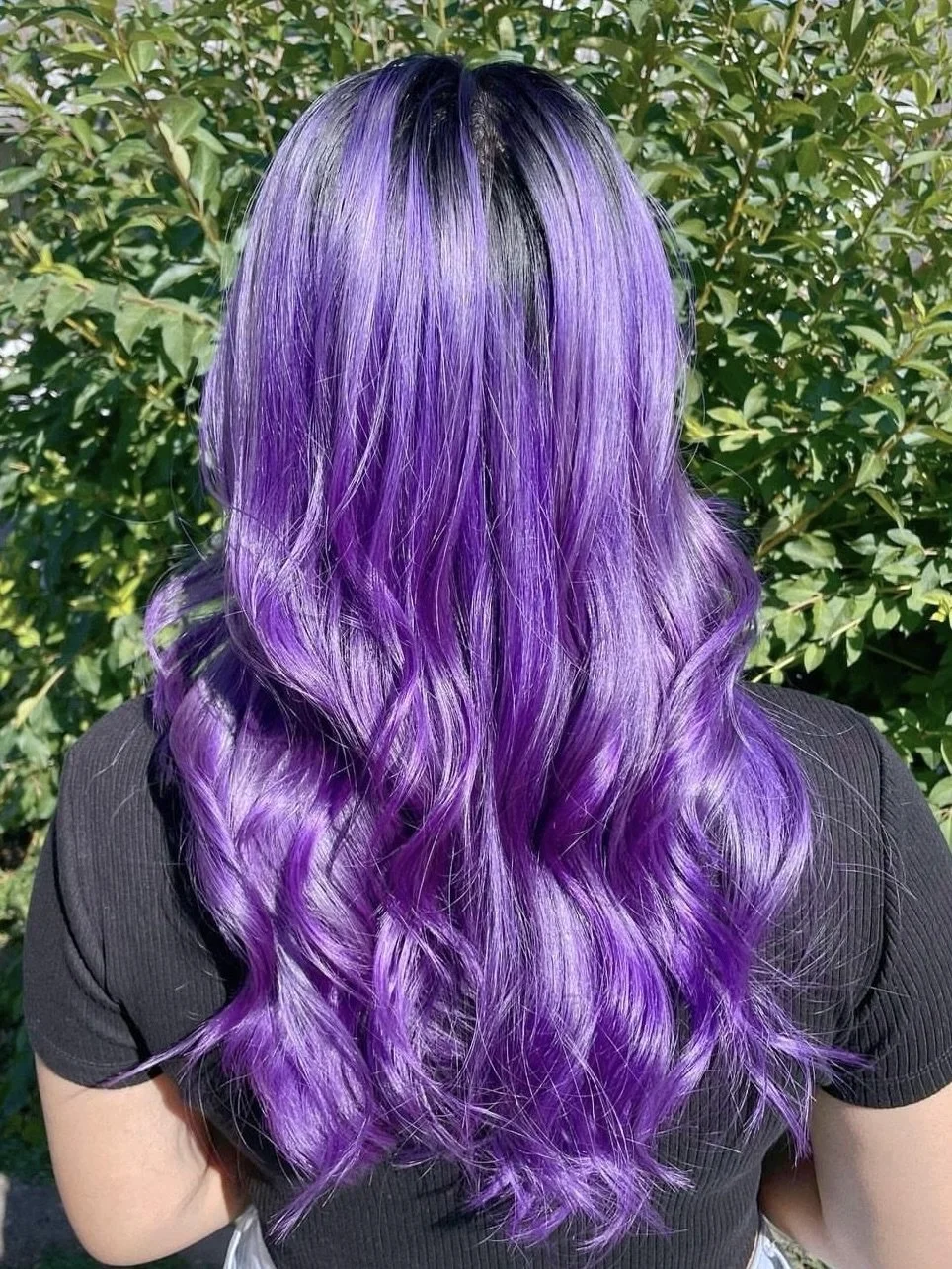 Back view of a person with long, wavy purple hair standing outdoors in front of green bushes, wearing a black top.