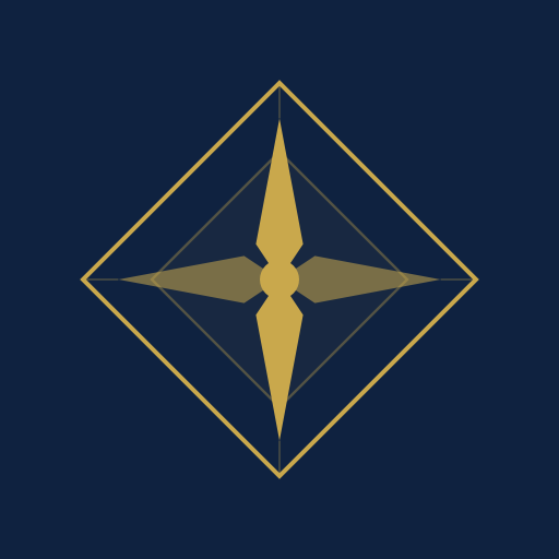 A geometric abstract design featuring a gold diamond shape with a compass-like motif in the center on a dark blue background.