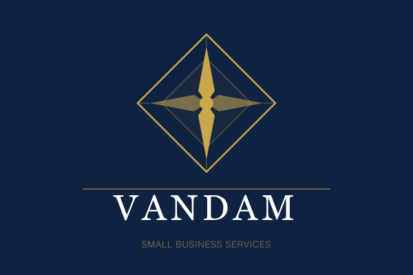 Logo with a gold compass design above the text 'VANDAM' and 'Small Business Services' on a dark blue background.