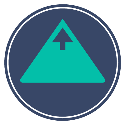 Circular logo with a blue background, featuring a large teal upward-pointing triangle with an arrowhead at the top center.