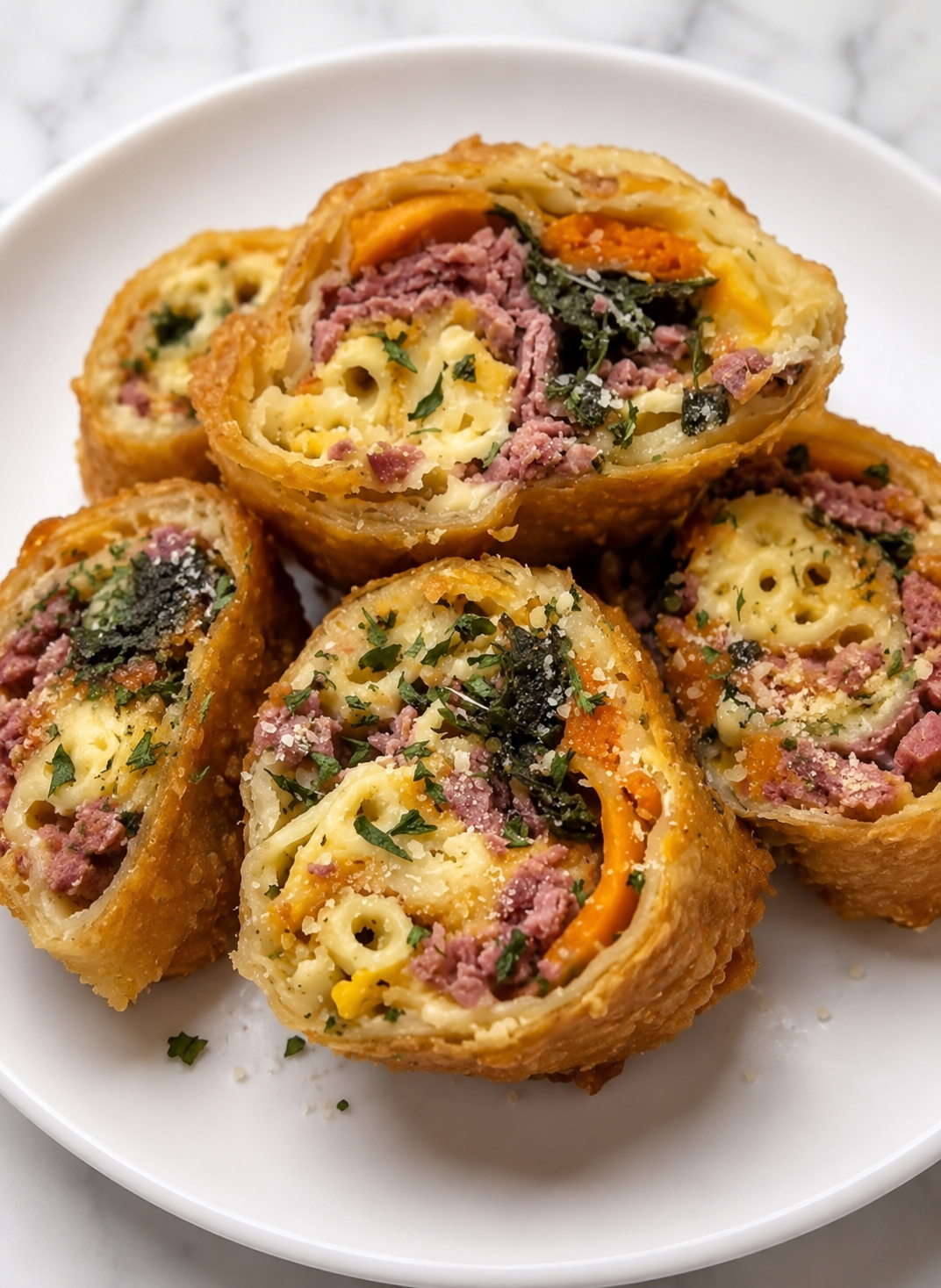Golden-crisp egg rolls filled with creamy baked Macaroni and Cheese, caramelized sweet yams, tender corned beef, and slow-braised collard greens. Finished with a house-crafted Sweet Cranberry Glaze that balances savory depth with subtle brightness.