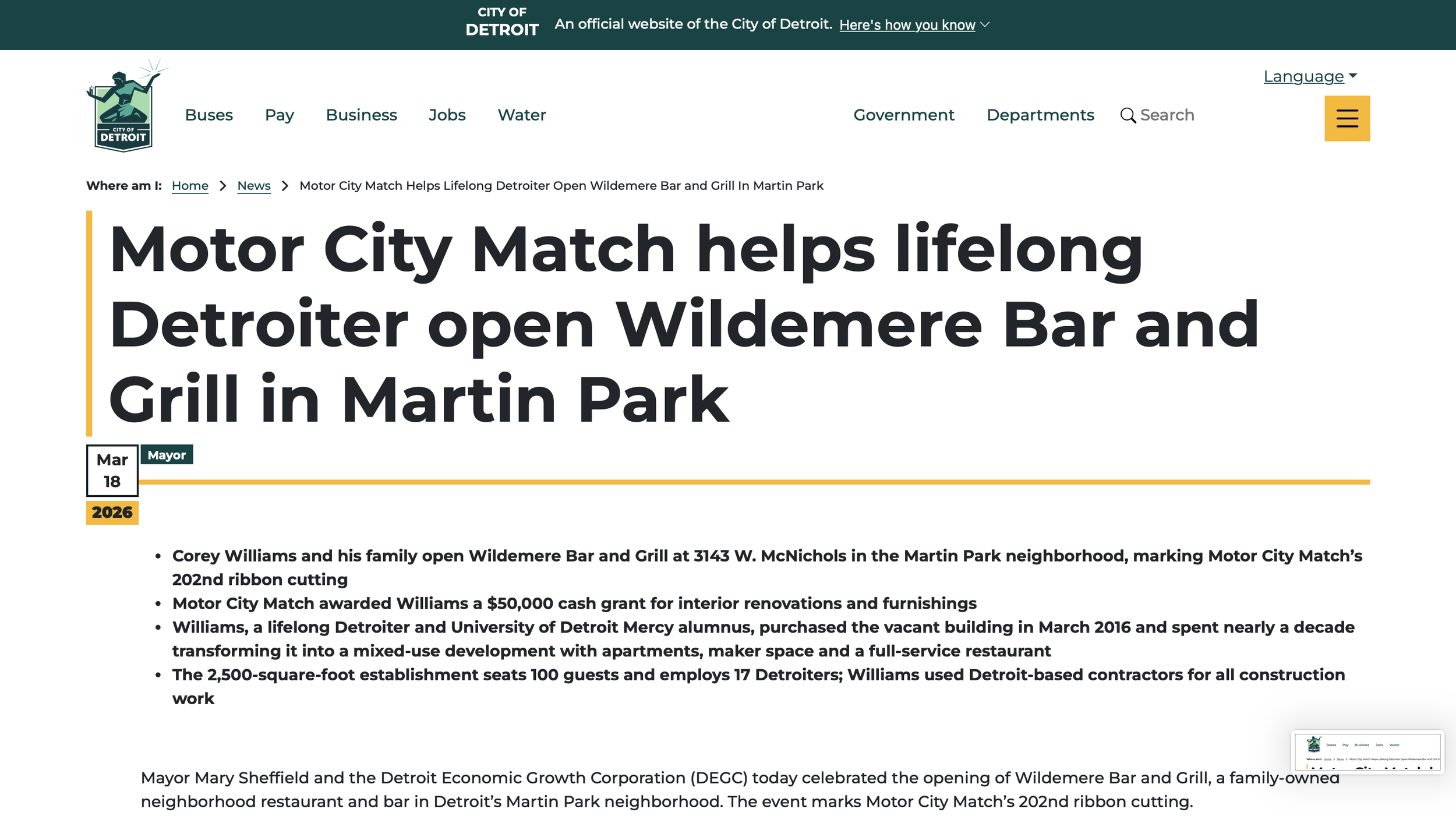 Screenshot of a Detroit city website announcing the opening of Wildermere Bar and Grill in Martin Park, with text describing community involvement and new development.