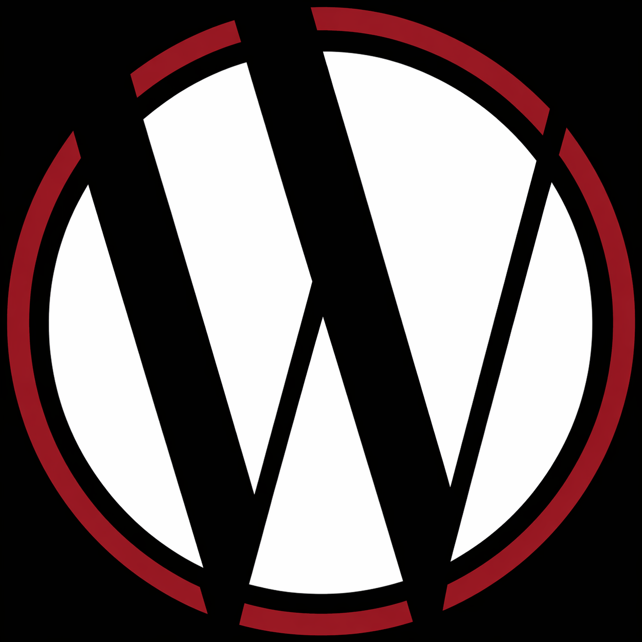 Black and white circle with a red outer ring and a bold black 'W' in the center, resembling a logo.