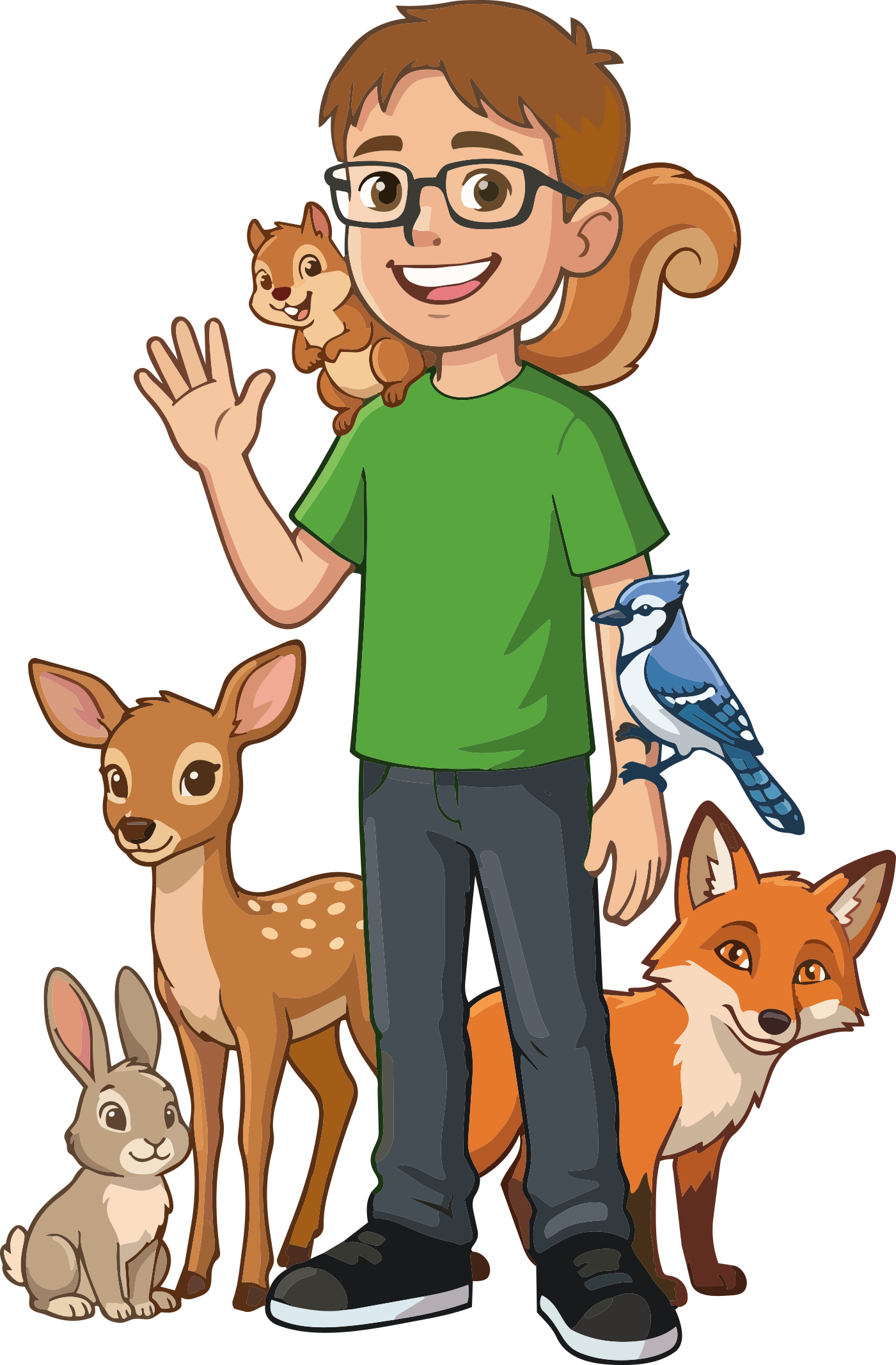 Cartoon boy with glasses smiling and waving, surrounded by various animals including a squirrel, fox, deer, rabbit, wolf, and birds, in a playful and friendly scene.