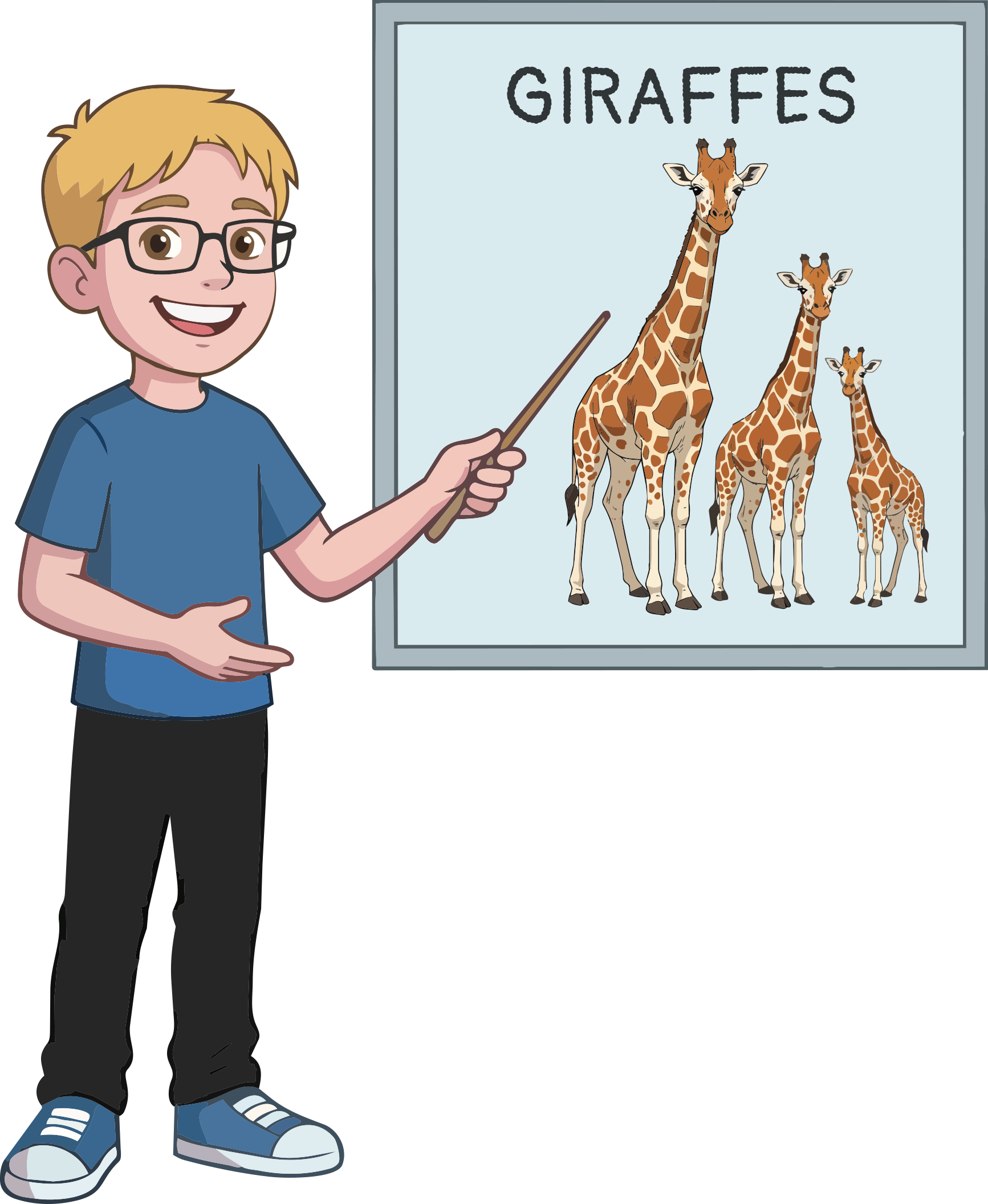 A young boy with glasses and a blue shirt pointing at a poster of giraffes with varying heights.