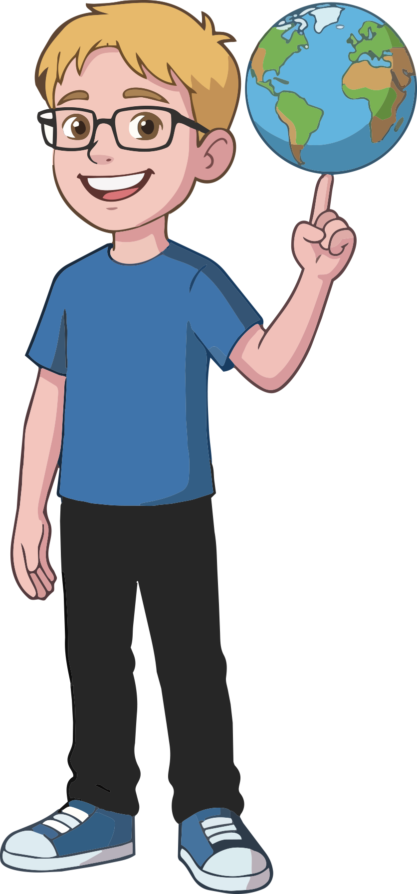 A cartoon boy with glasses and blond hair pointing to a globe of Earth to his right.