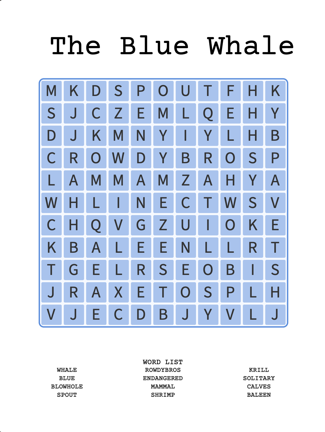 Blue Whale Crossword Puzzle