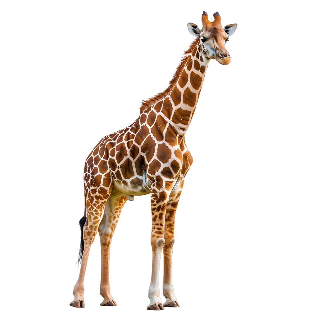 A digitally altered giraffe with laser beam eyes against a black background.