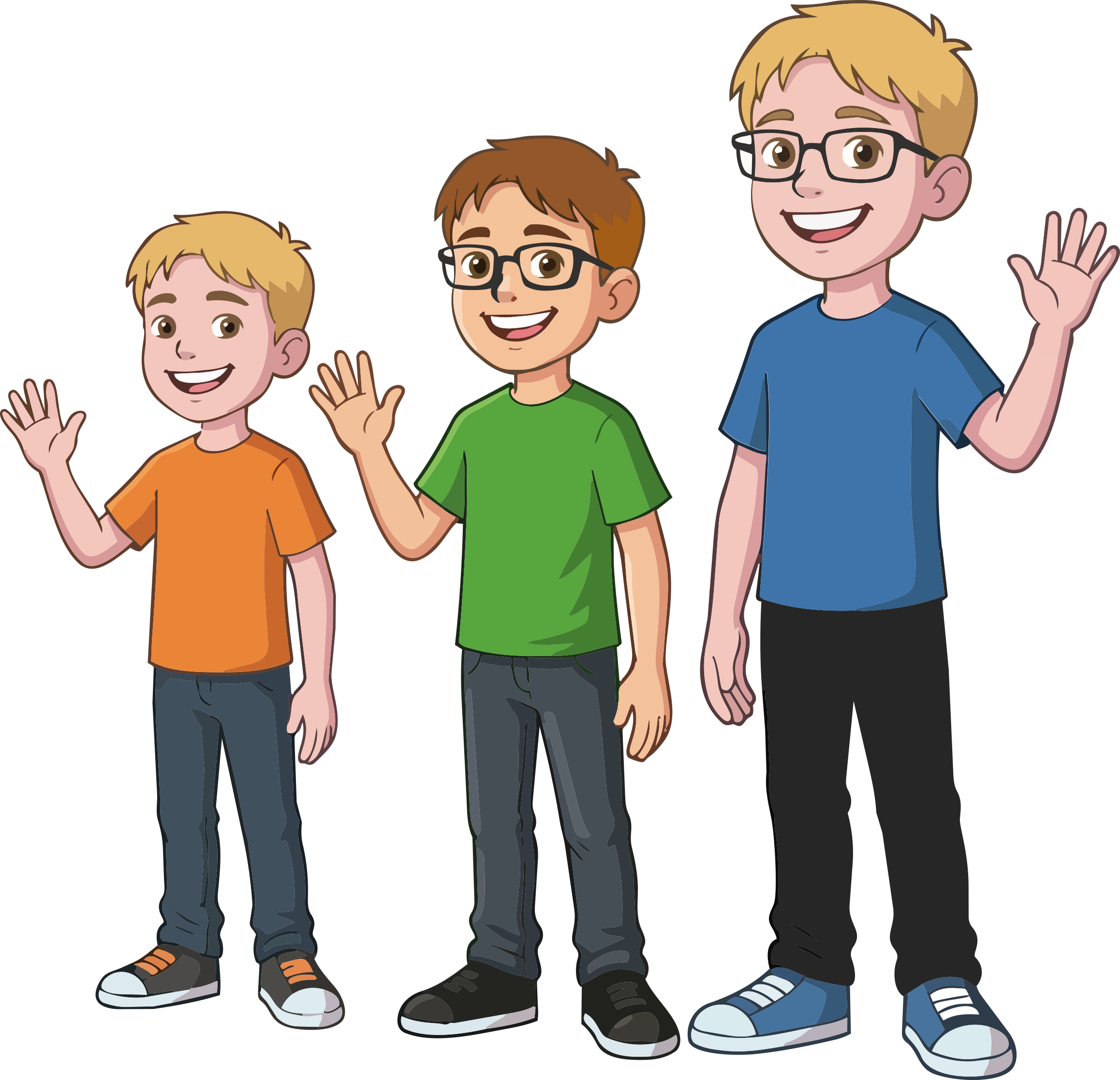 Three animated boys with glasses and short hair waving and smiling, standing on a brown background.