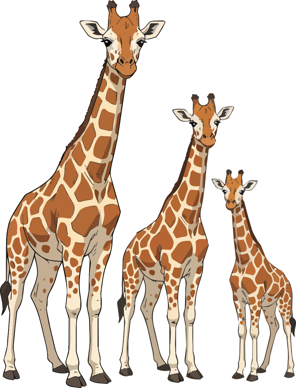 Illustration of three giraffes of different sizes standing against a black background.
