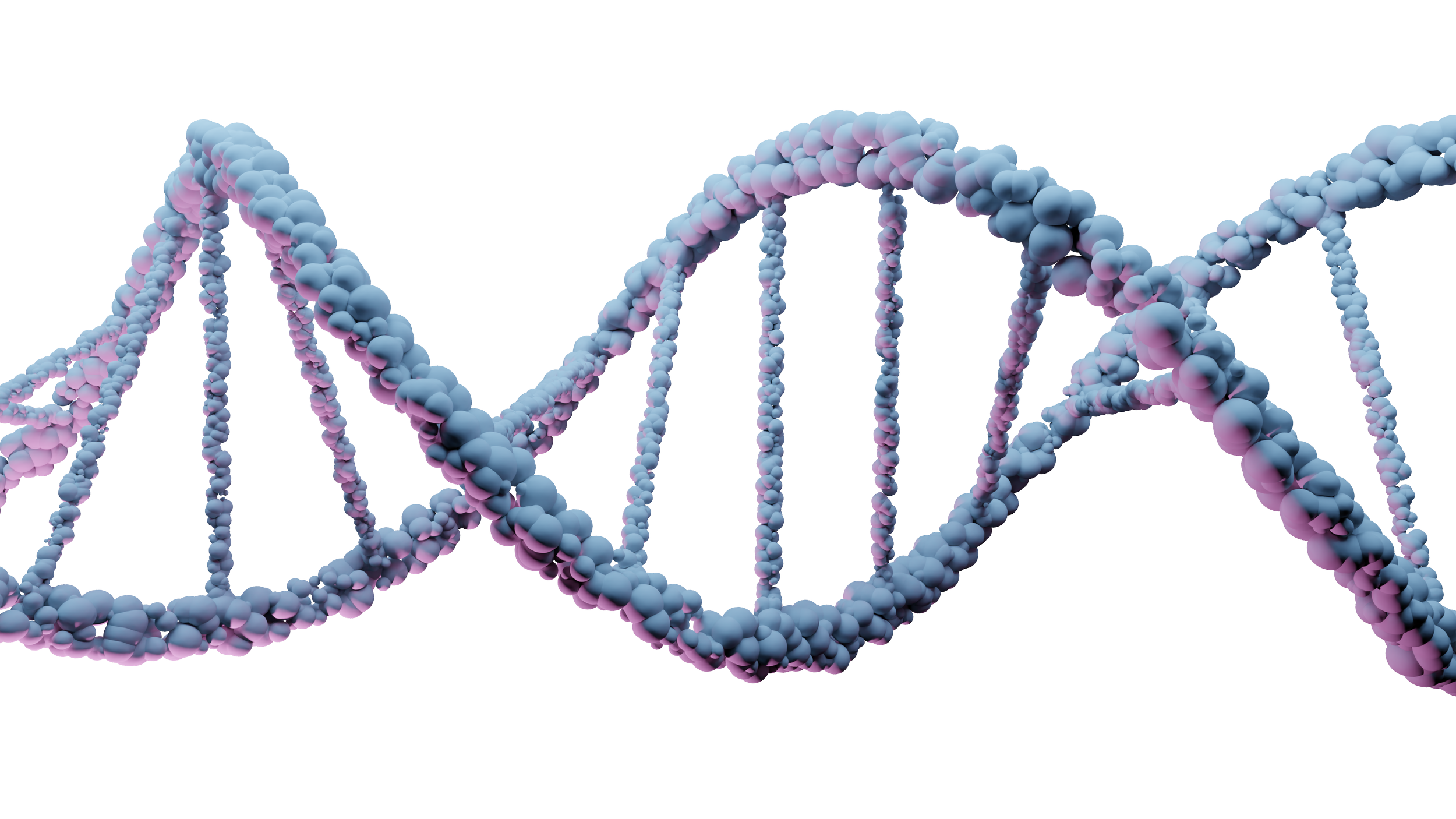 3D representation of a double helix DNA strand with pink and blue spheres.