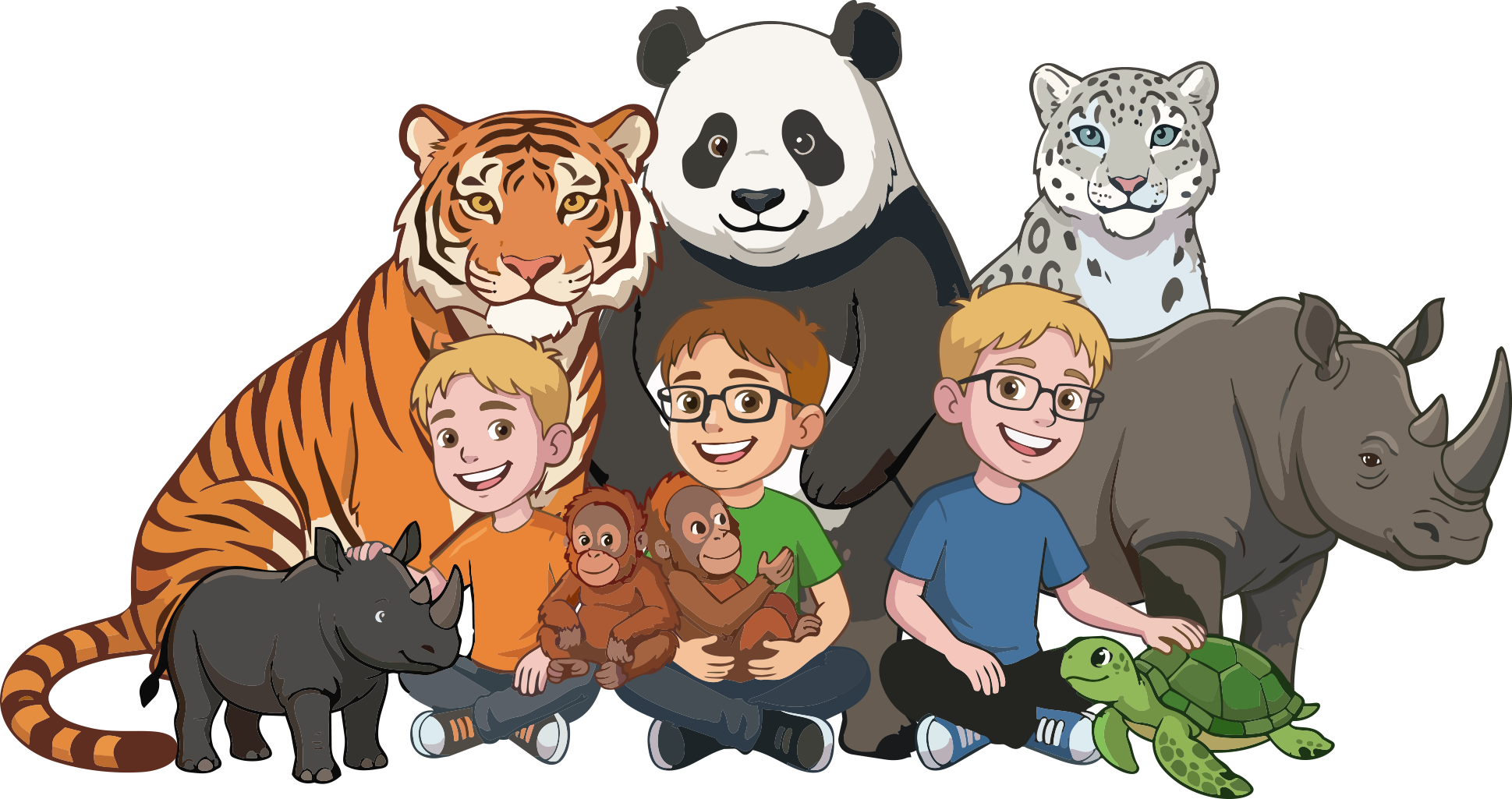Illustration of two boys with animal toys and stuffed chimpanzees, surrounded by large animals including a tiger, panda bear, snow leopard, rhinoceros, and hippopotamus, in a zoo setting.